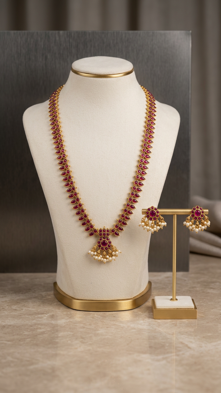 Regal Crimson Kemp Stone Long Haaram Set
