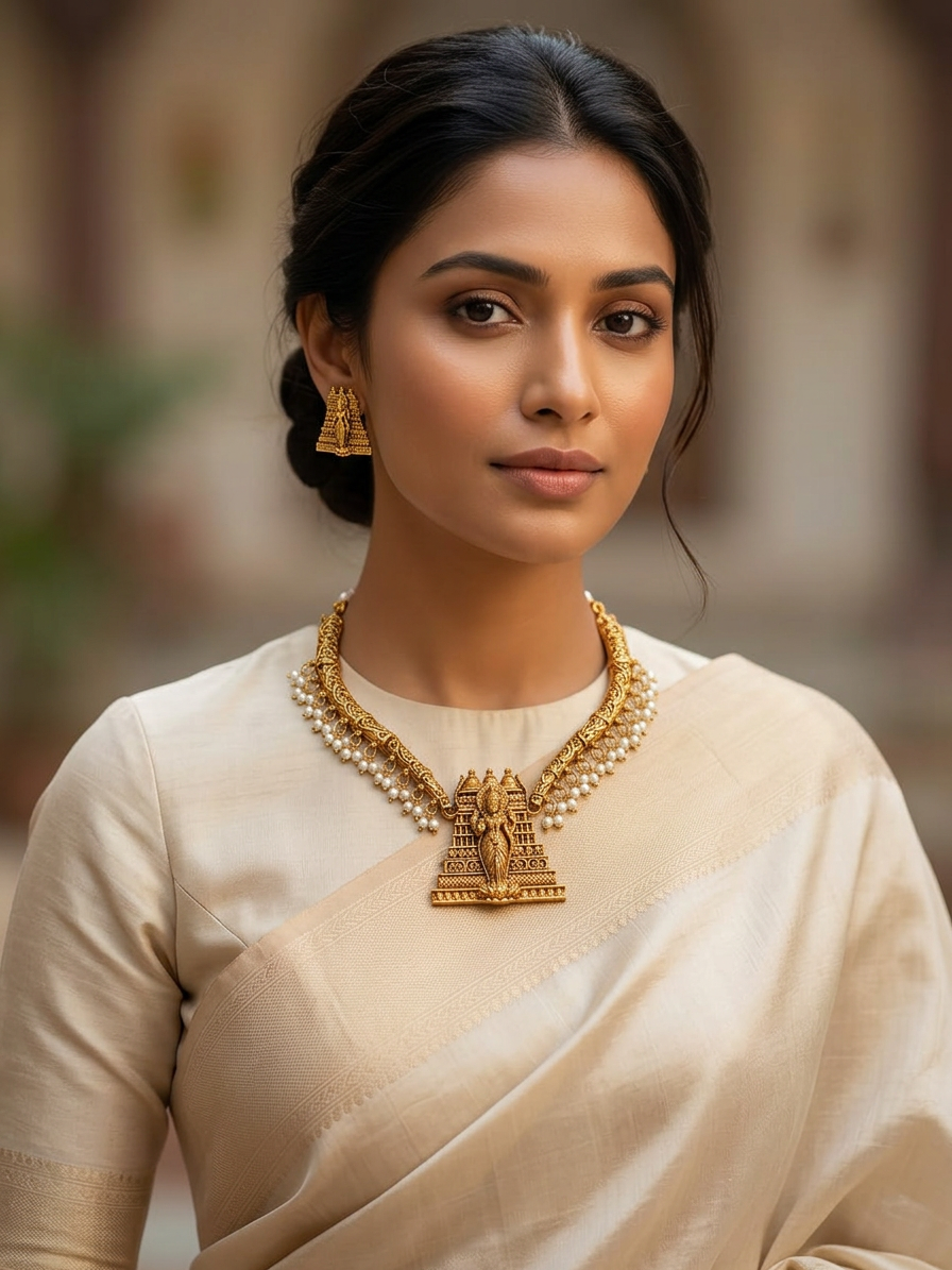 Antique Gold Temple Gopuram & Pearl Fringe Necklace Set