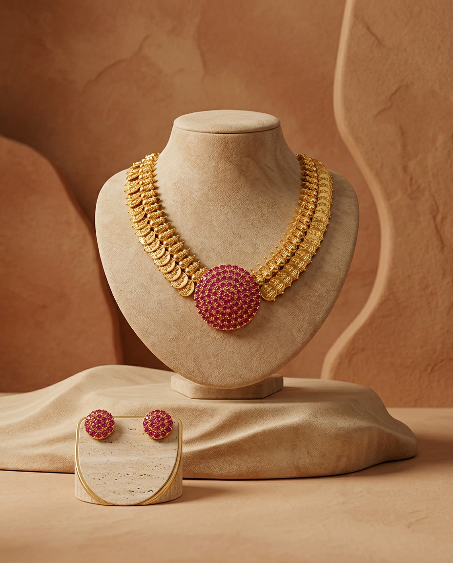Traditional Gold Coin & Ruby Medallion Necklace Set