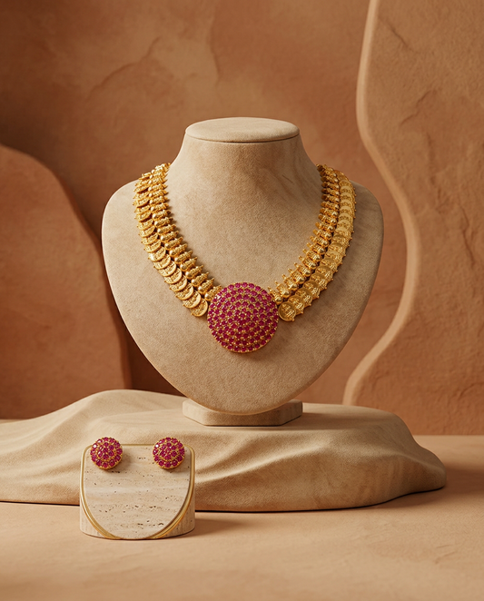 Traditional Gold Coin & Ruby Medallion Necklace Set