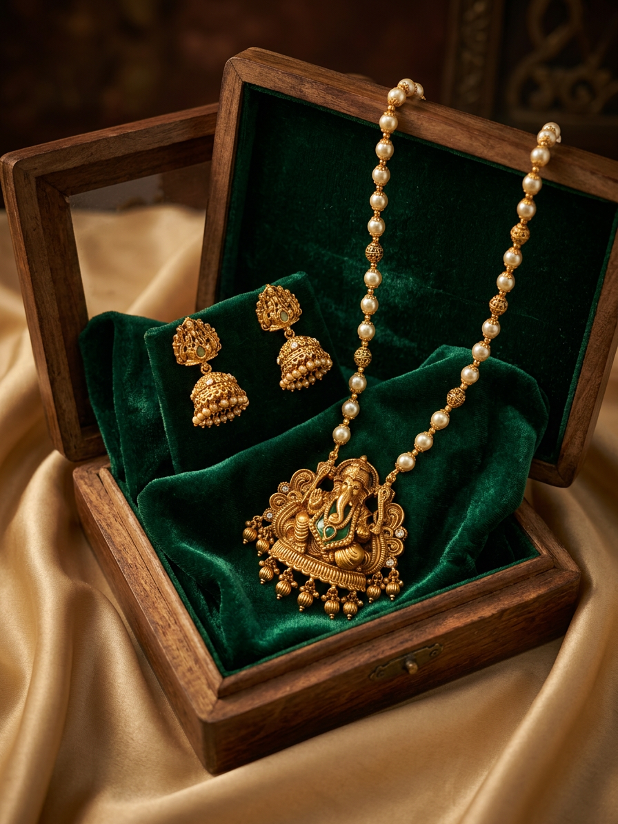 Antique Gold Pearl & Ganesha Pendant Temple Necklace Set
