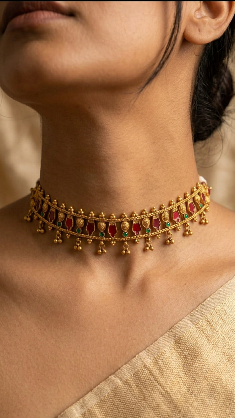 Delicate Antique Gold Ruby & Emerald Motif Choker Set