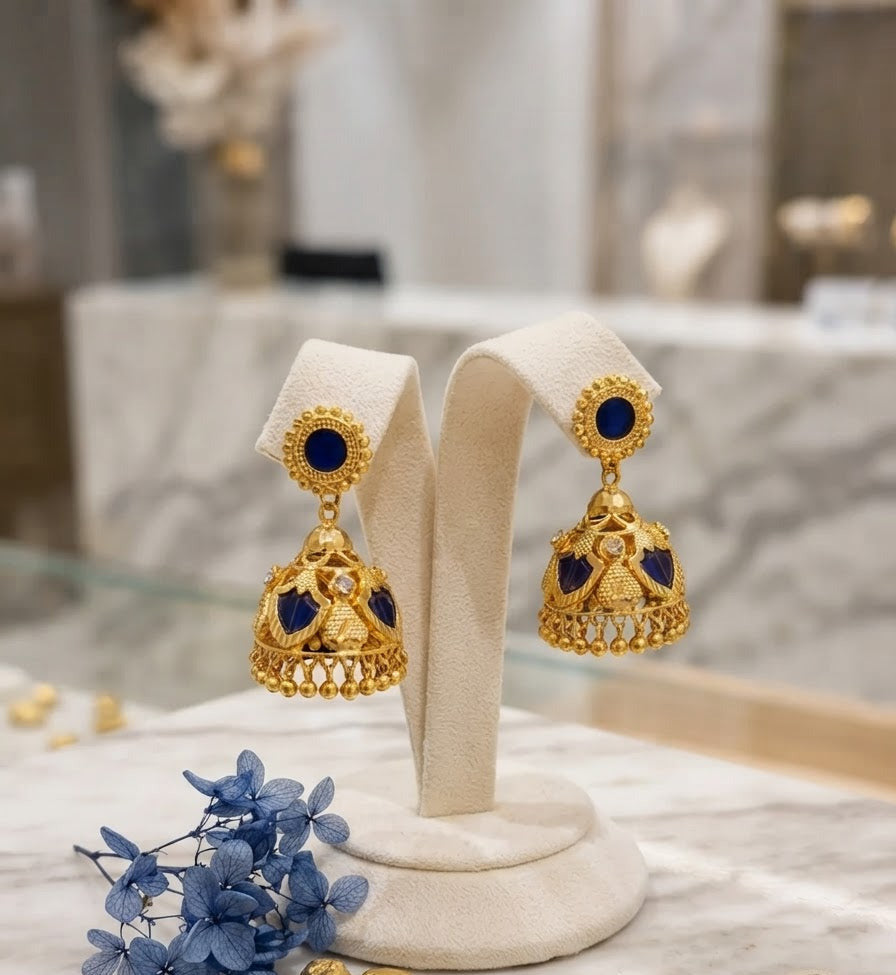 Traditional Gold Royal Blue Palakka & CZ Jhumka Earrings