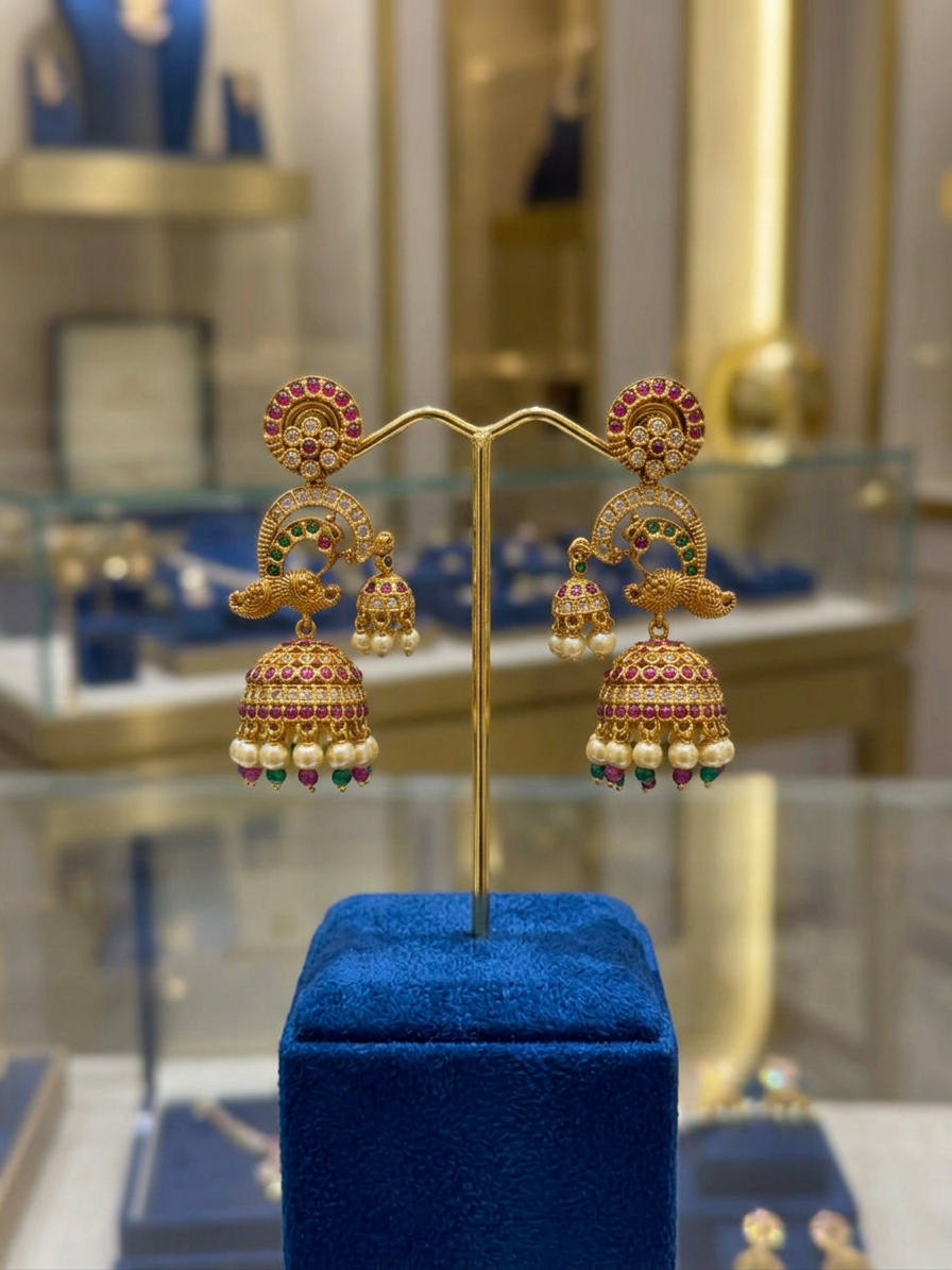 Antique Gold Peacock Double Jhumka Earrings