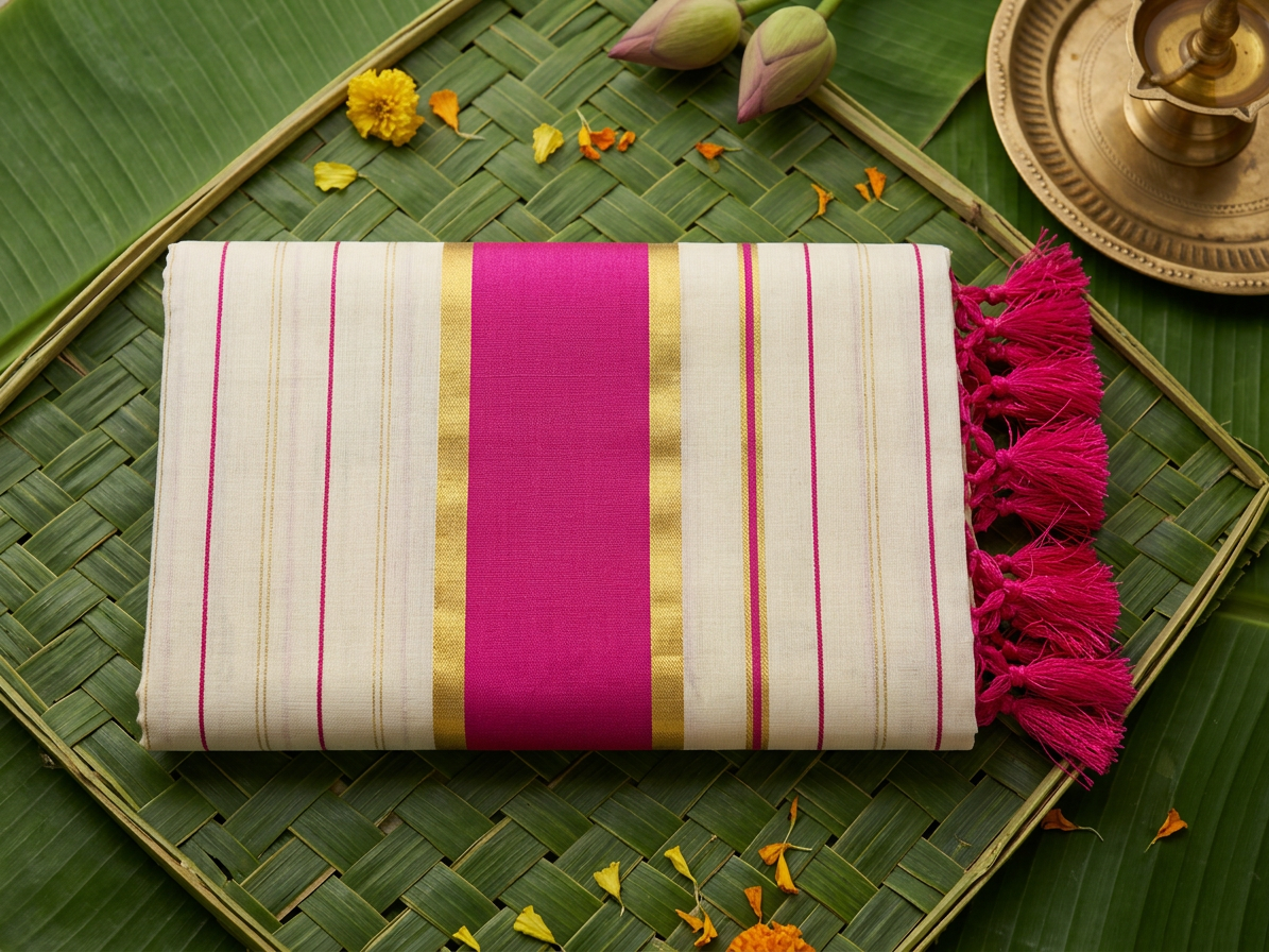Nithya Rani Pink Striped Tissue Saree with Bold Zari Border & Tassels