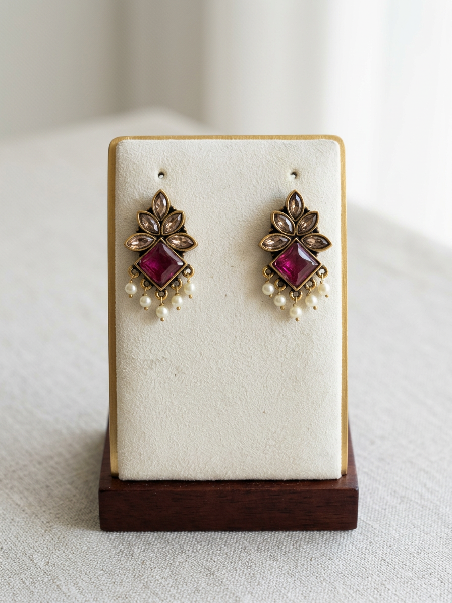 Geometric Diamond Stone & Pearl Antique Stud Earrings