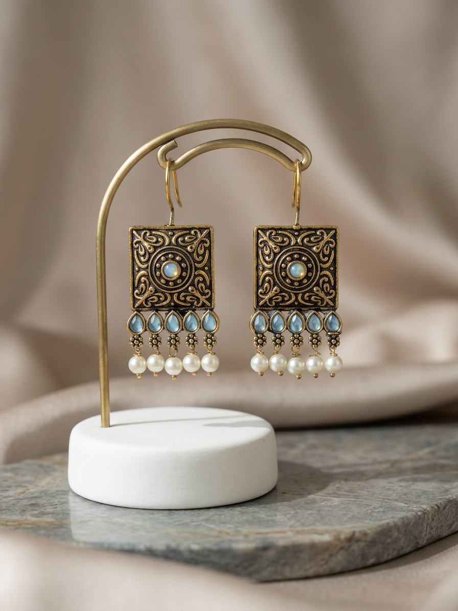 Square Carved Antique Stone & Pearl Wire Earrings
