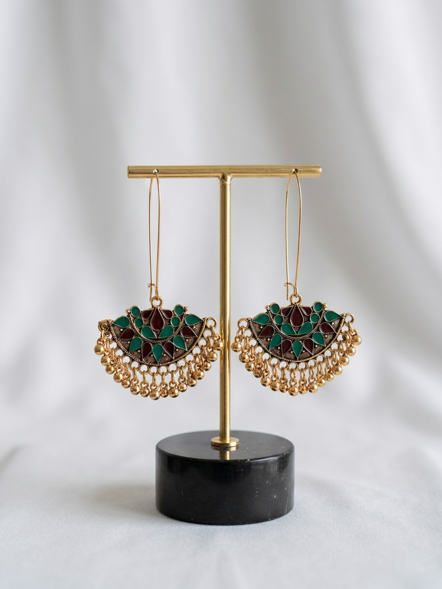 Crescent Meenakari Long Wire Drop Earrings