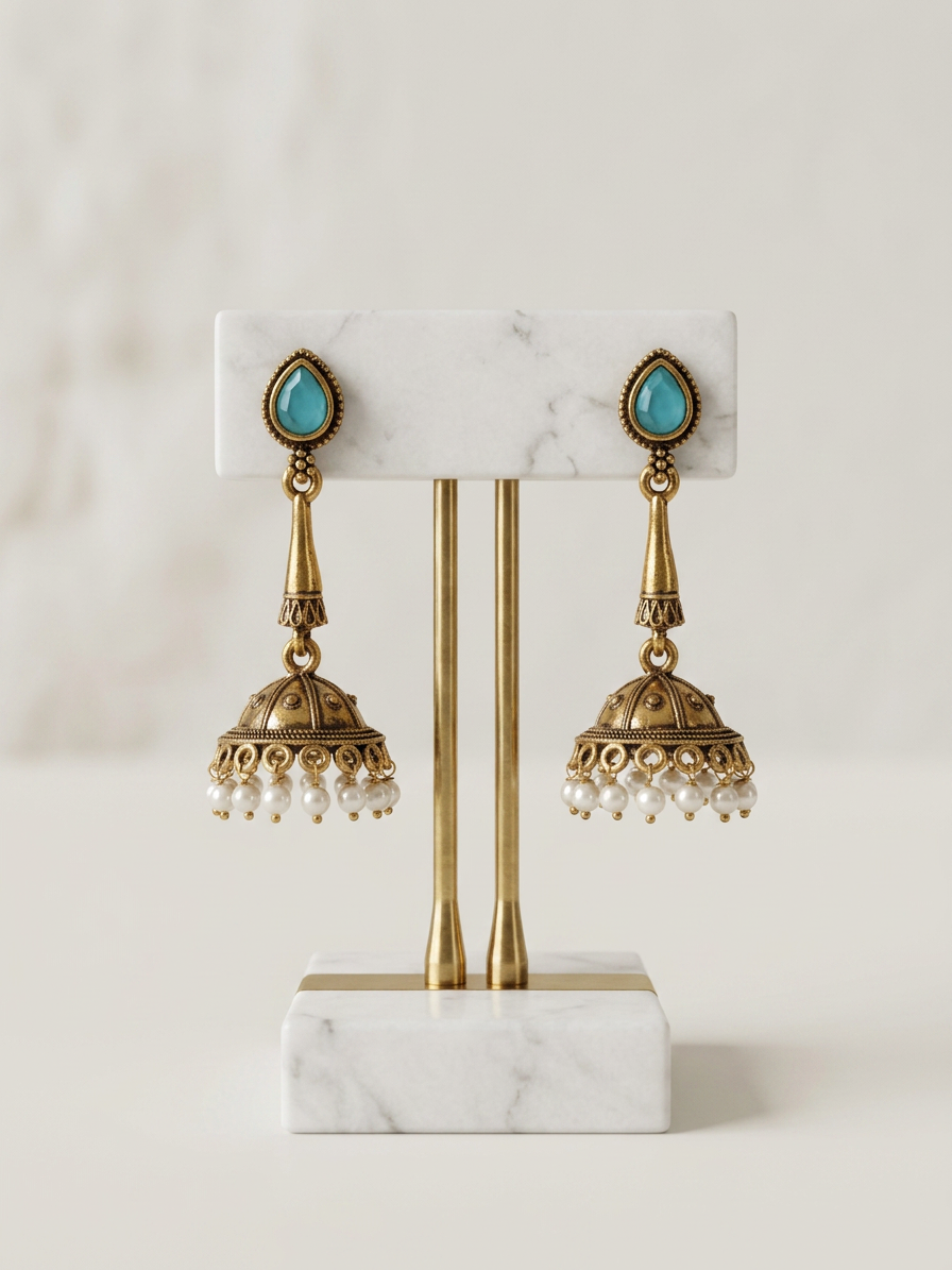 Teardrop Stone Antique Gold Pearl Jhumka Earrings