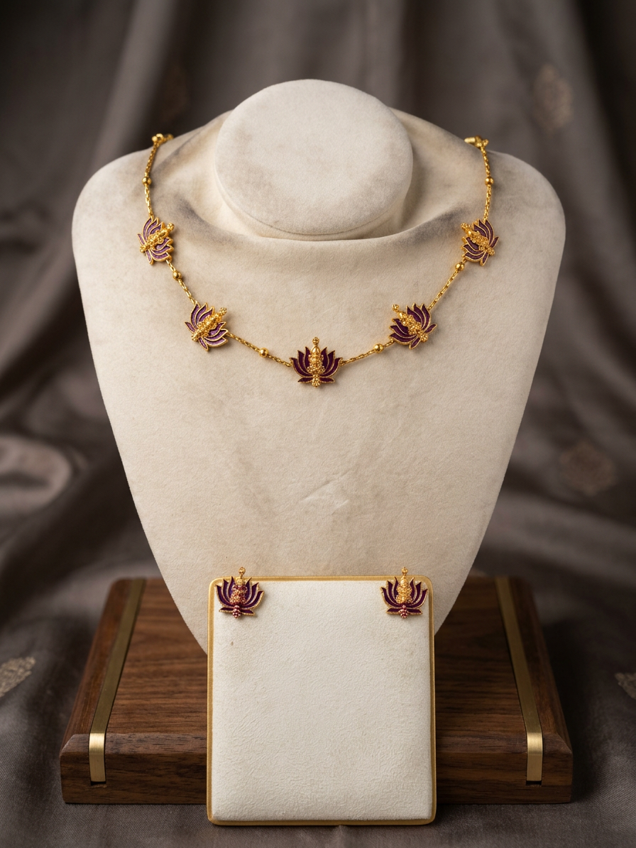 Minimalist Gold Enamel Lotus Necklace Set