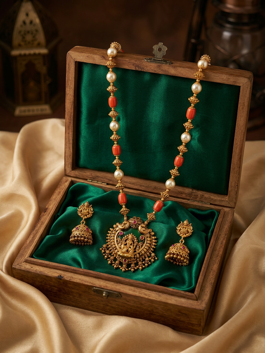 Heritage Lakshmi Pendant Coral & Pearl Antique Gold Haram Set