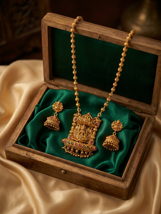 Divine Lakshmi Temple Antique Gold Haram & Jhumka Set