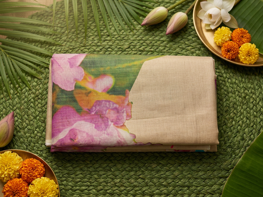 Blossoming Elegance: Pink Floral Printed Golden Tissue Saree