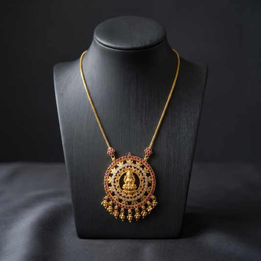 Chakrika Mahalakshmi Ruby & Zircon Gold Temple Pendant Necklace
