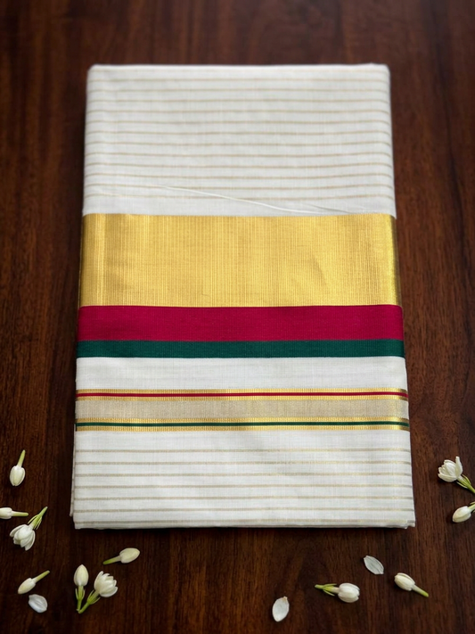 Off-White Cotton Saree with Fine Gold Zari Stripes, Resplendent Broad Gold Border, and Striking Maroon and Green Edge Detailing