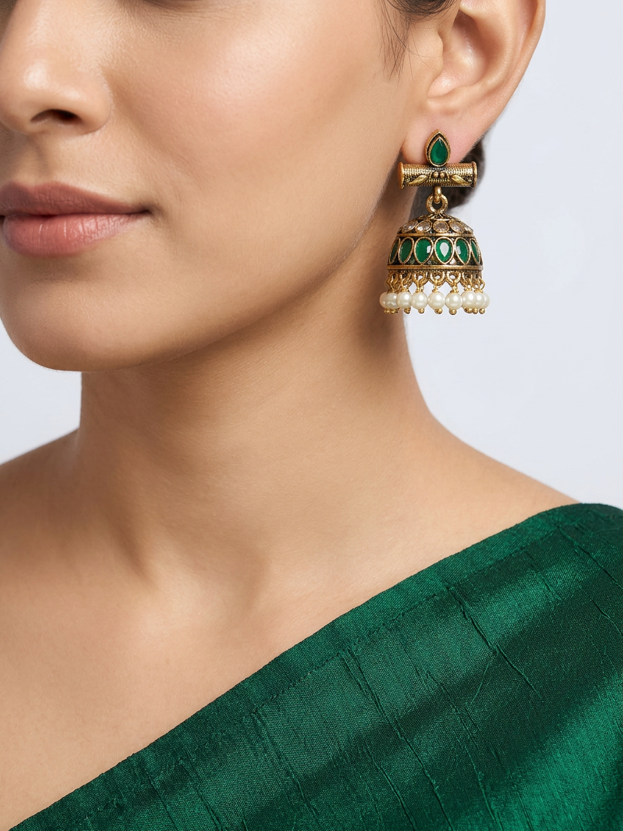 Aarohi Antique Gold Kemp Stone Jhumkas with Pearl Drops