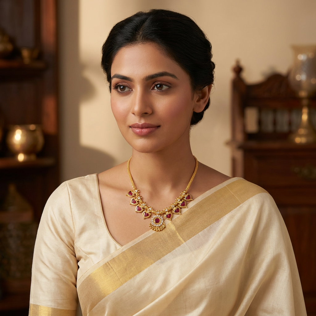 Traditional Gold Plated Kemp Ruby Attigai Necklace