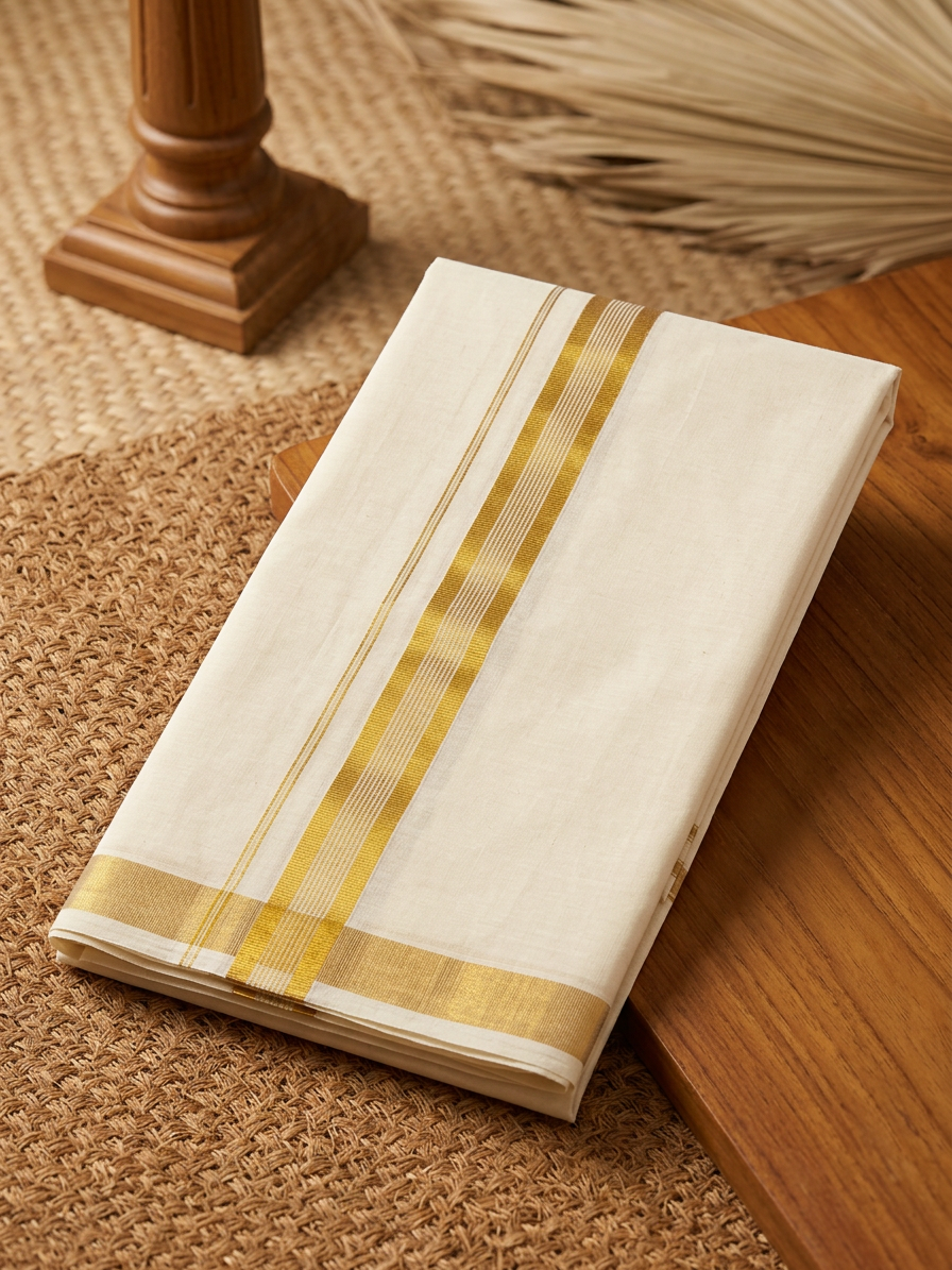 Effortless Elegance: Ready-to-Wear Off-White Kasavu Velcro Mundu with Pocket