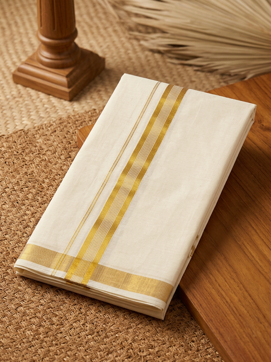 Effortless Elegance: Ready-to-Wear Off-White Kasavu Velcro Mundu with Pocket