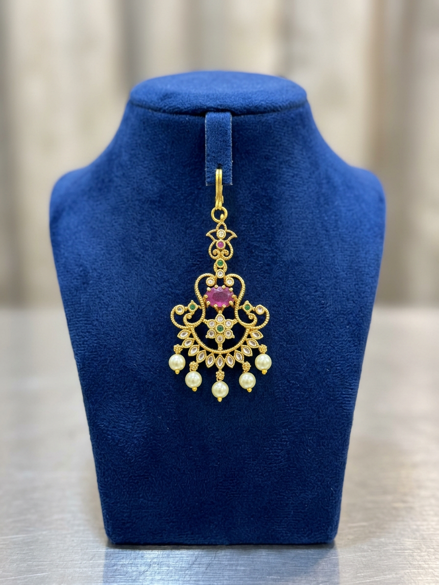 Delicate Ruby & Pearl Floral Maang Tikka