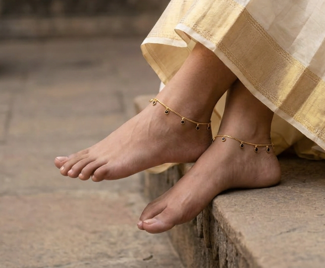 Delicate Gold-Plated Black Stone Drop Anklets (Kolusu/Payal)