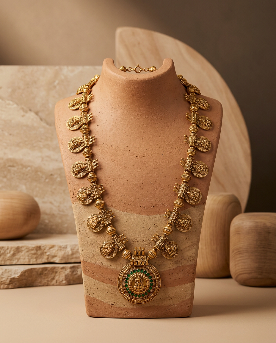 Antique Gold Lakshmi Coin & Emerald Pendant Haram Set