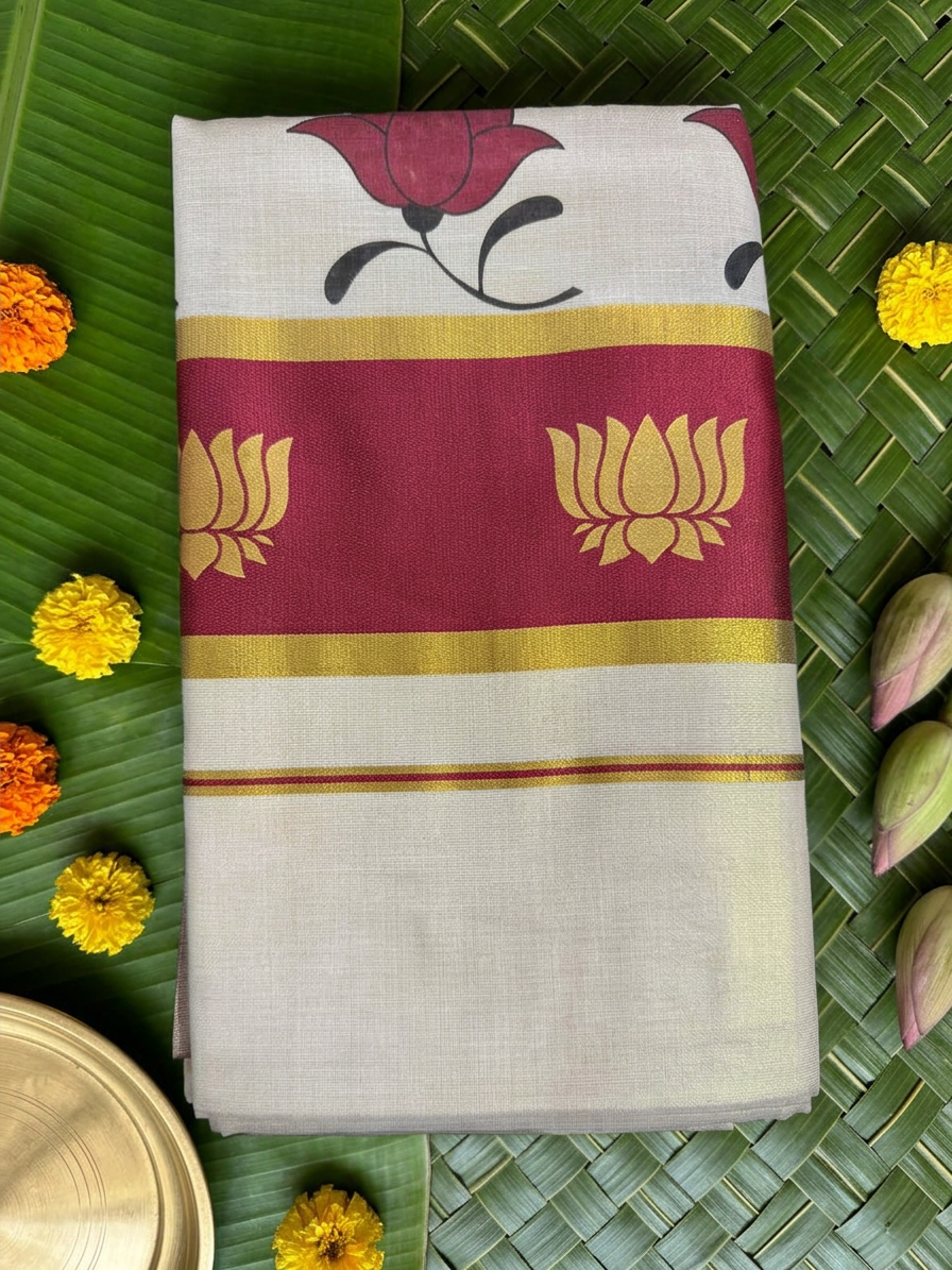 Maroon Lotus Motif Golden Tissue Saree