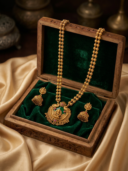 Dual-Strand Antique Gold Lakshmi Pendant Haram & Jhumka Set
