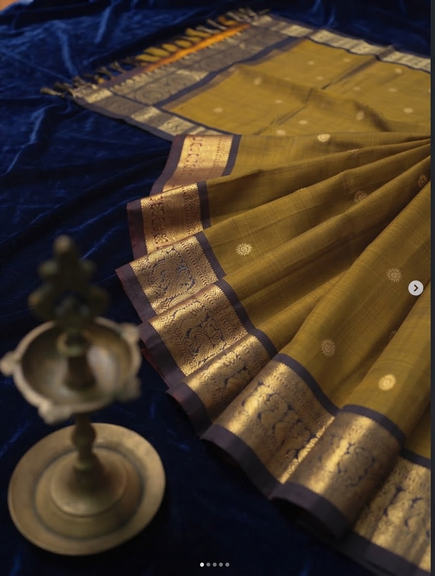Mustard Yellow & Brown Pure Kanchipuram Silk Mark Saree