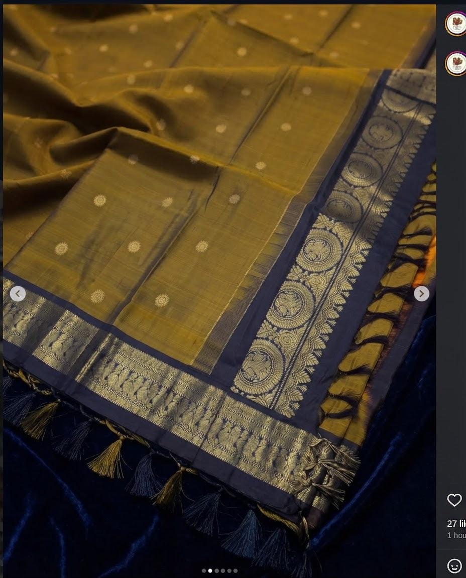 Mustard Yellow & Brown Pure Kanchipuram Silk Mark Saree