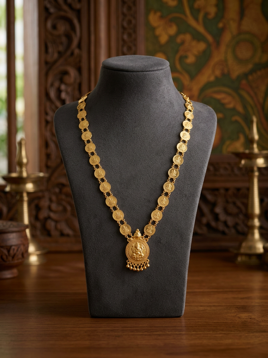 Antique Gold Kasu Mala with Temple Pendant