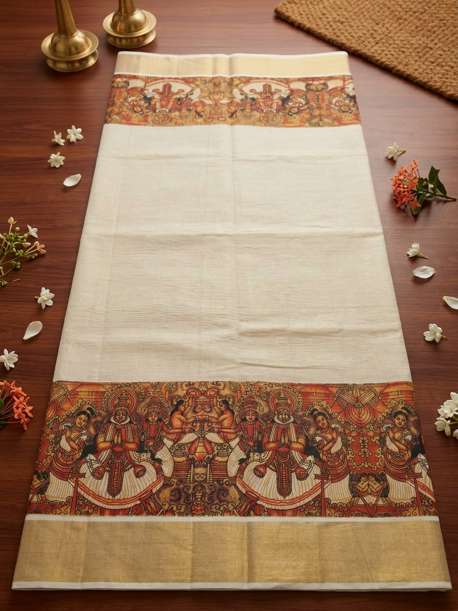 Heritage Kerala Digital Mural Art Kasavu Saree