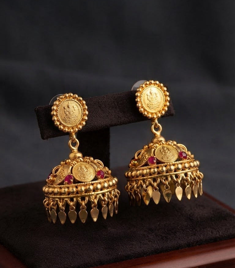 Traditional Antique Gold Kasu Temple Elakkathali Jhumka Earrings with Ruby Accents