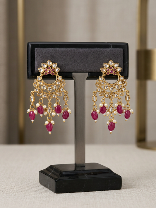 Rajkumari Kundan & Ruby Drop Chandbali Earrings