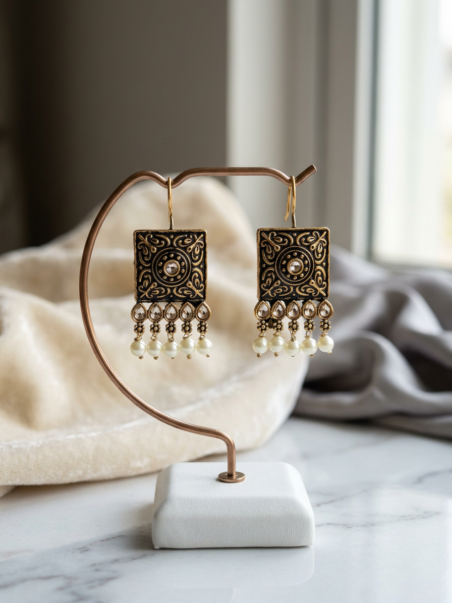 Square Carved Antique Stone & Pearl Wire Earrings