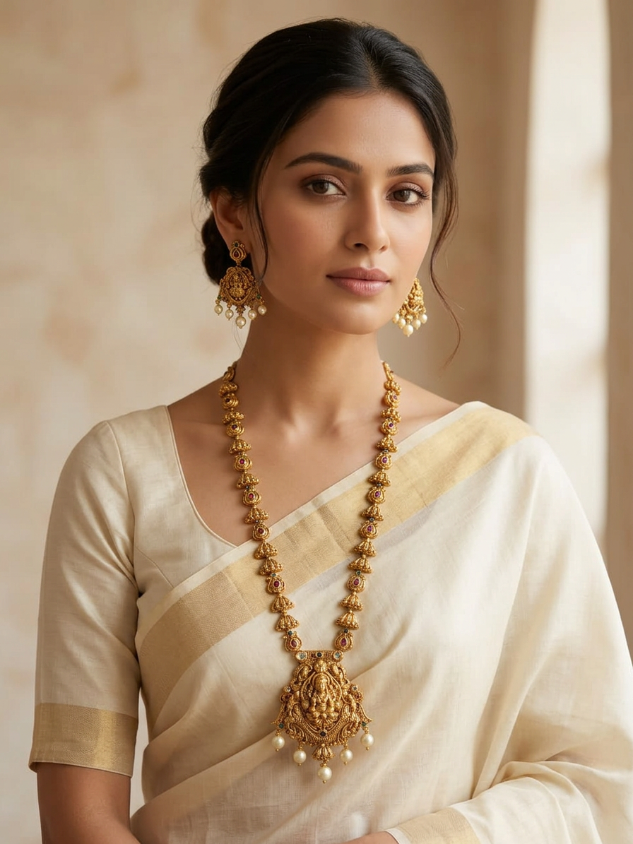 Antique Gold Lakshmi Bell-Chain Long Haram Set