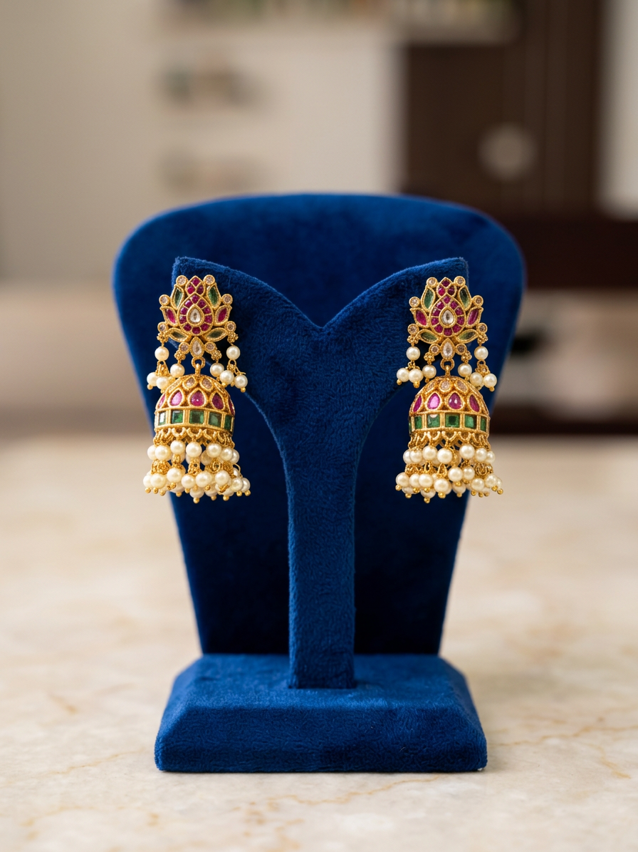 Jadayu Kundan Antique Gold Ruby & Emerald Lotus Jhumka Earrings