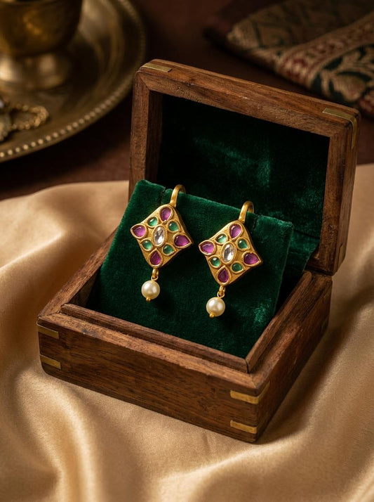 Traditional Antique Gold Diamond Motif Clip-On Bugadi with Multicolor Stones & Pearl Drop