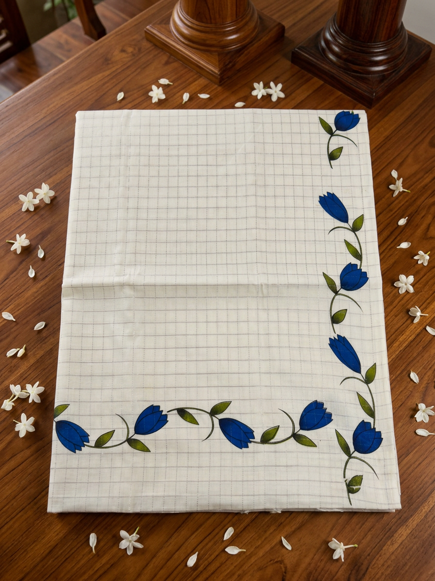 Off-White Cotton Saree with Subtle Micro-Check Weave, Artisanal Blue Floral Vine Motifs, Pastel Lavender Pallu Accent, and Hand-Knotted Tassels