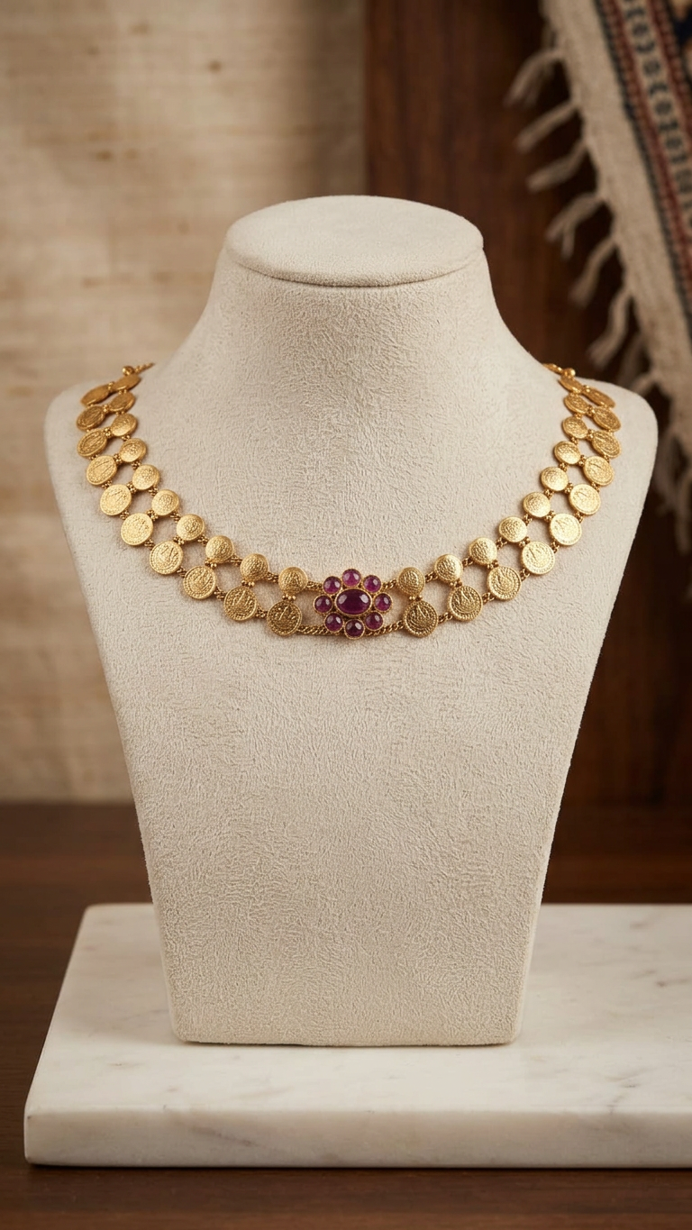 Traditional Double-Layered Matte Gold Kasu Mala & Ruby Floral Set