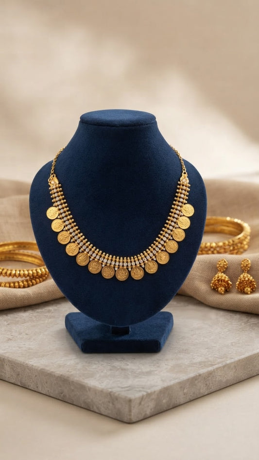 Gold plated Traditional Kasu mala Choker Necklace With White Stones