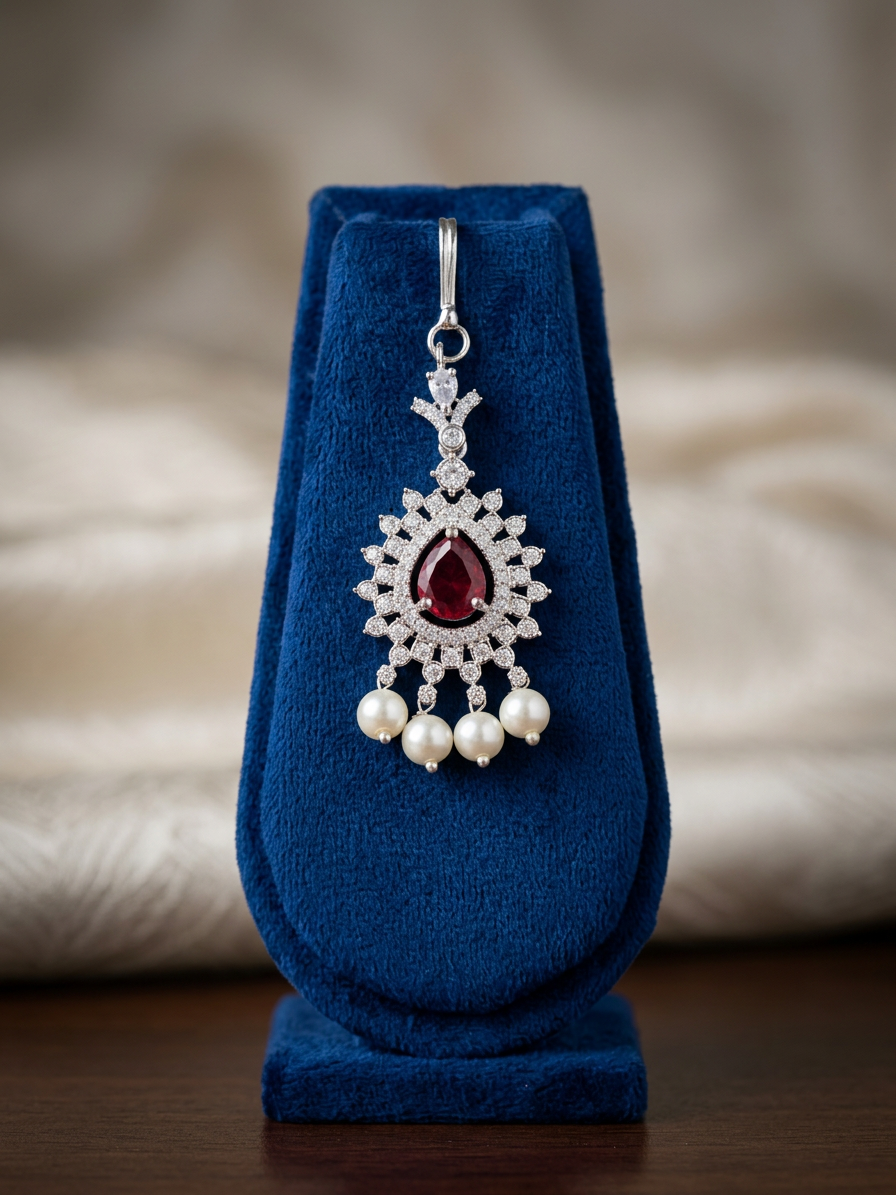 Silver Finish CZ & Teardrop Gemstone Maang Tikka