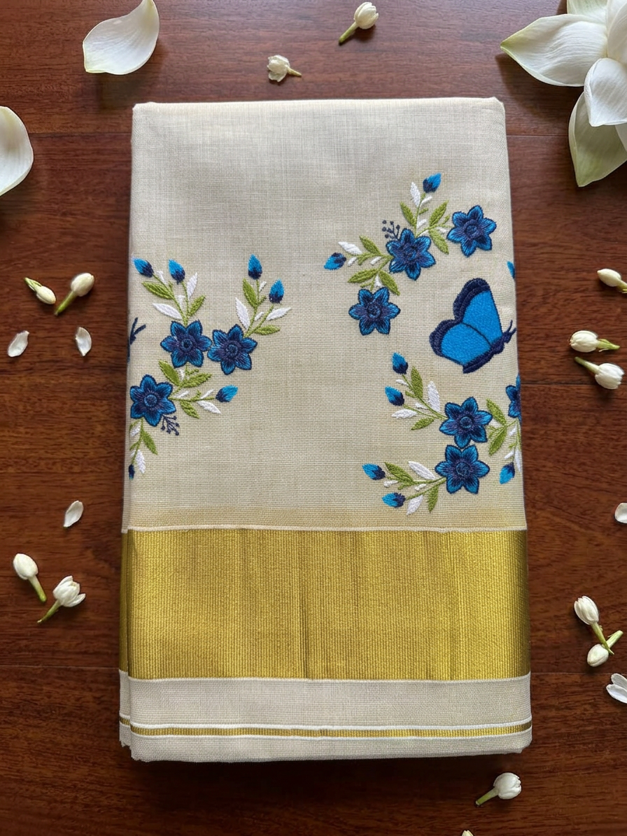 Butterfly & Floral Embroidery Motif Kasavu Tissue Saree