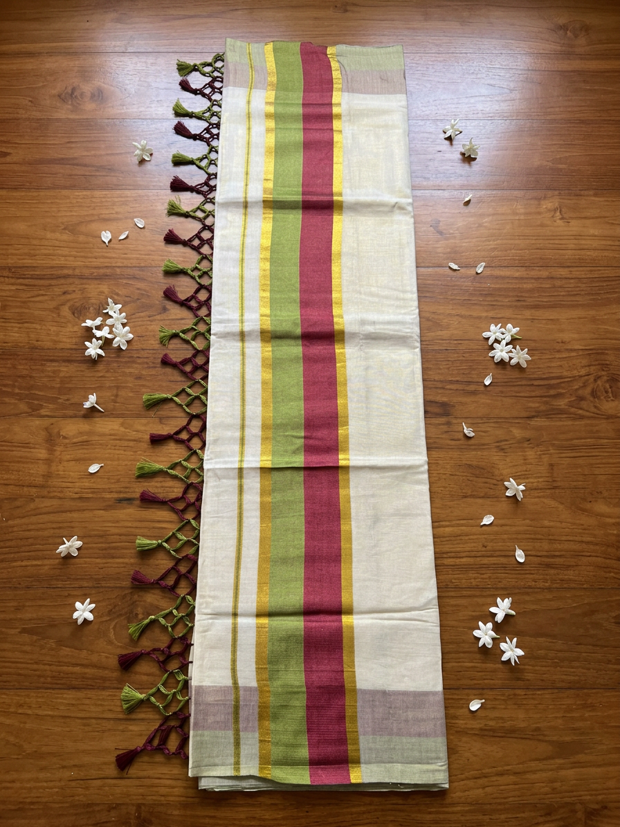 Heritage Stripes Kasavu Saree with Macramé Tassels