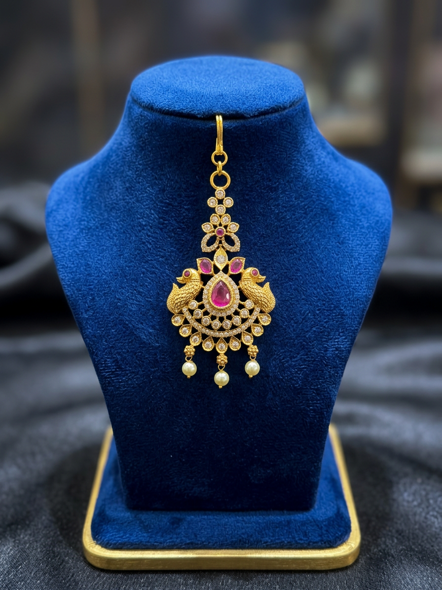 Antique Gold Peacock & Ruby CZ Maang Tikka with Pearl Drops