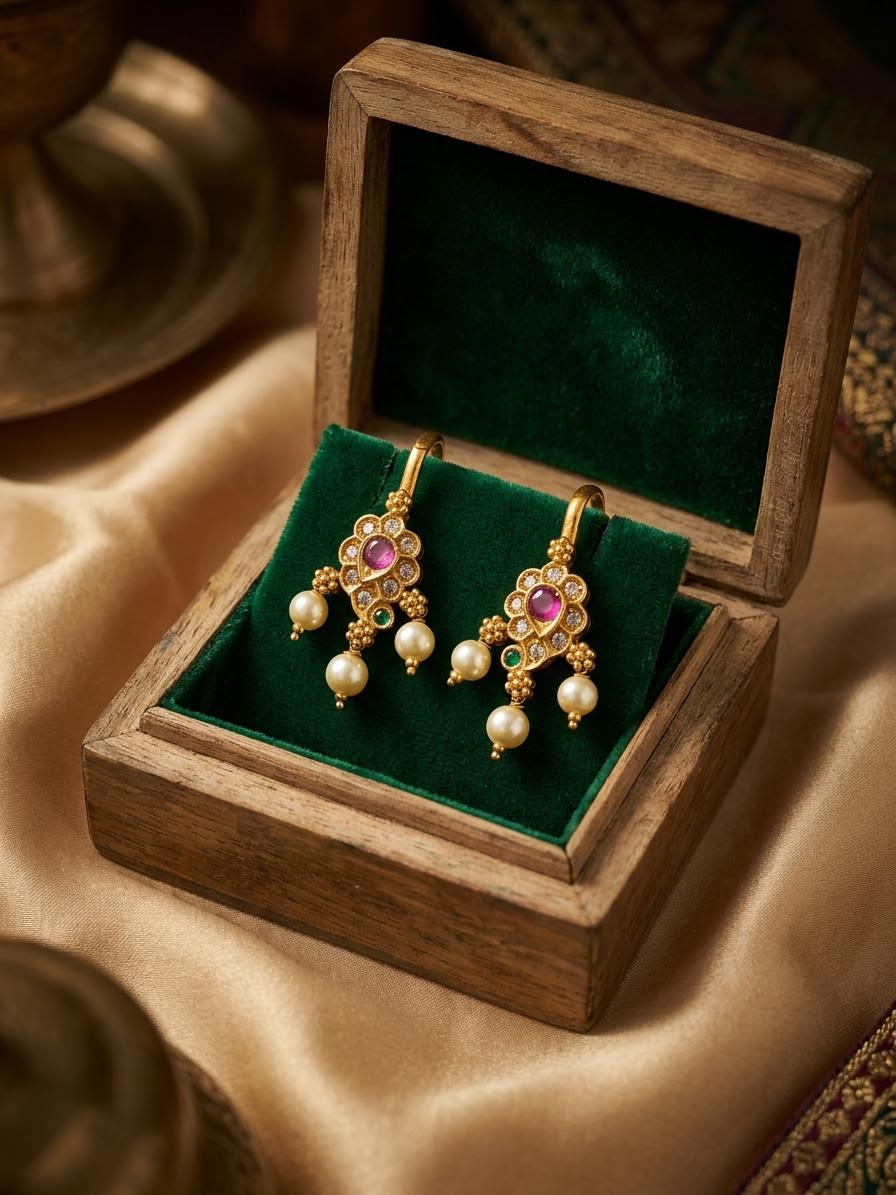 Traditional Antique Gold Floral CZ & Ruby Clip-On Bugadi with Pearl Drops