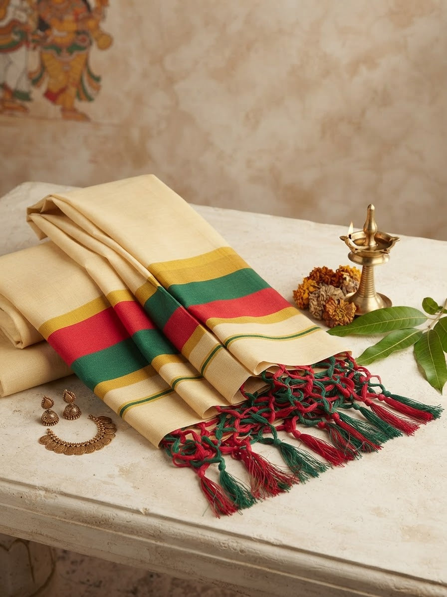 Heritage Stripes Tissue Kasavu Saree with Tassels