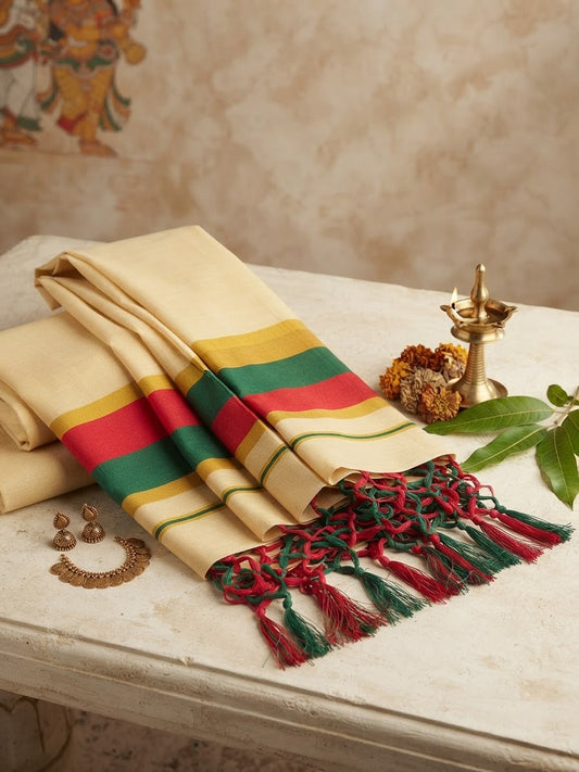 Heritage Stripes Tissue Kasavu Saree with Tassels