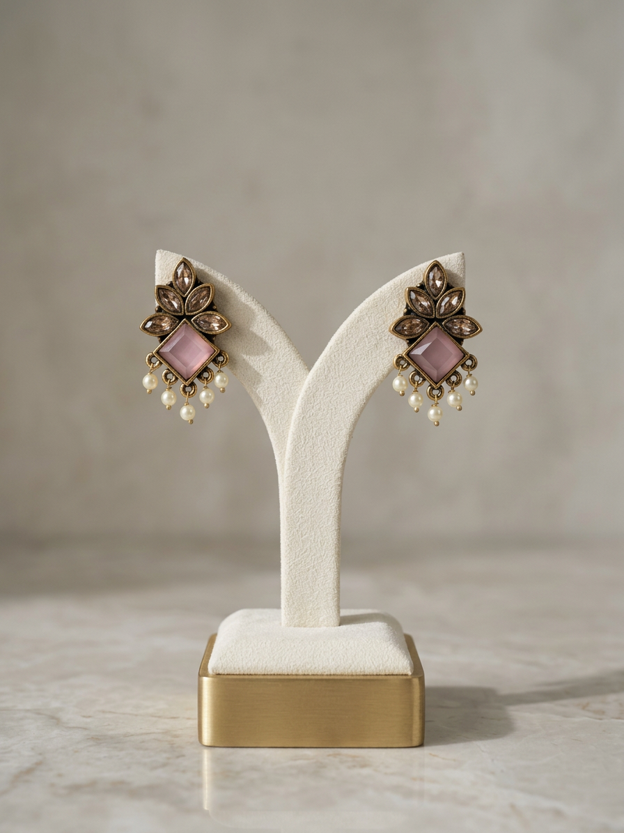 Geometric Diamond Stone & Pearl Antique Stud Earrings