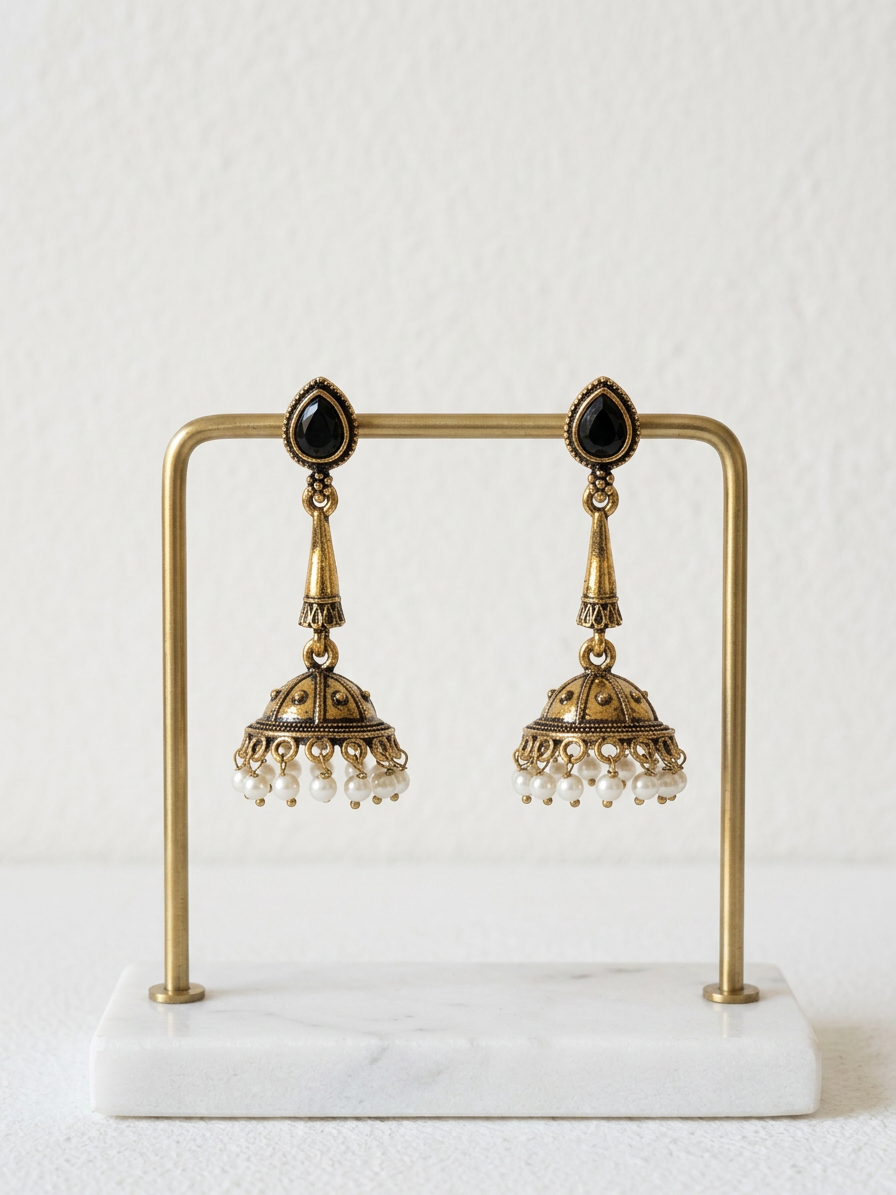 Teardrop Stone Antique Gold Pearl Jhumka Earrings